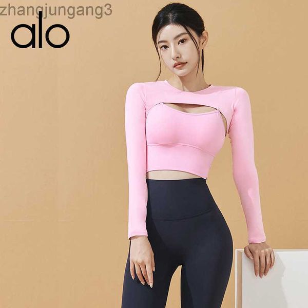 

desginer alo yoga t shirt yoga's new suit long-sleeved cut-out sports women's tight-fitting bra vest set, White