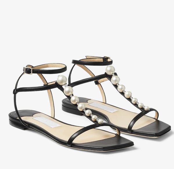 

2023 summer amari sandals shoes latte nappa latte flats with pearls & crystal embellishment evening dress lady gladiator sandalias white bla, Black