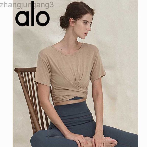 

desginer alo yoga t shirt suit cross fold v-neck women's sports short sleeve slim fit and waist tight fitness cover up, White