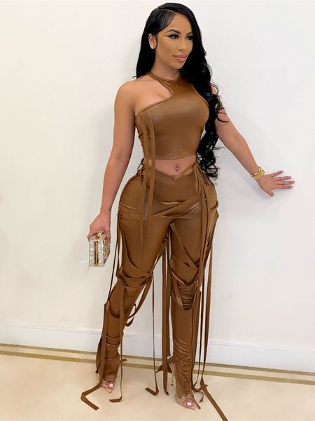 

women's two piece pants akaily black faux leather belt 2 sets womens summer outfit sleeveless crop and skinny long female 230504, White