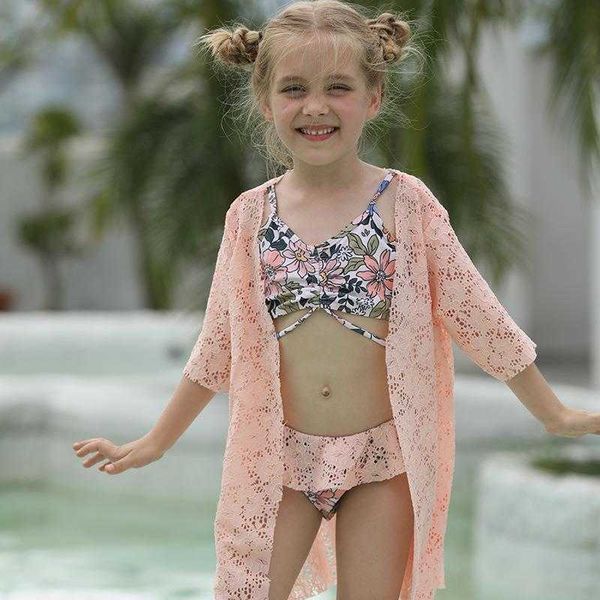 

two piece two piece printed childrens swimsuit three cute girl suspenders, Blue