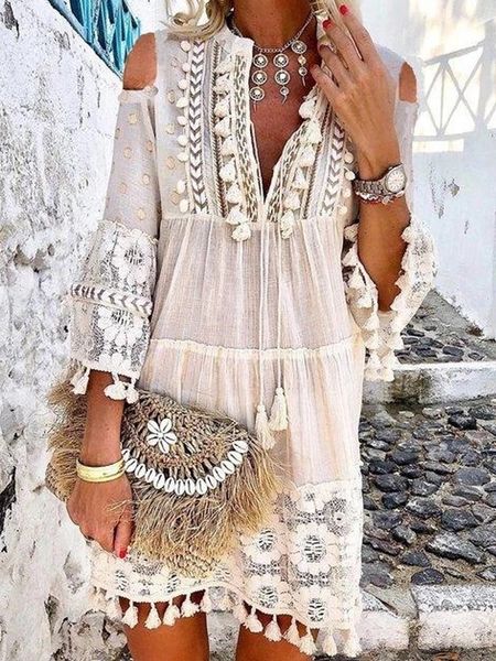 

casual dresses new spring embroidery crochet lace boho dress women elegant off shoulder tassel ruffle mini dress summer v neck lady beach dr, Black;gray