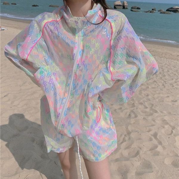 

womens two piece pants women suits summer korean sweet full zipper loose turtleneck elastic waist shorts 2 set sunscreen clothes 230505, White