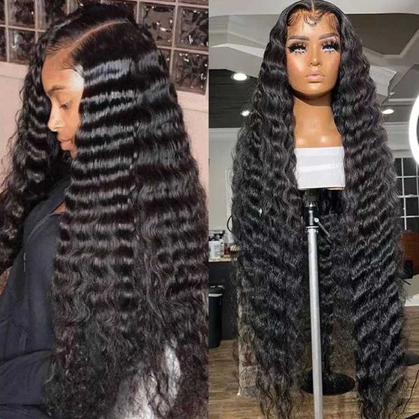 

synthetic wigs 13x4 deep wave hd transparent lace frontal wigs for women 32inch 180% human hair peruvian curly front wig jarin 230227, Black