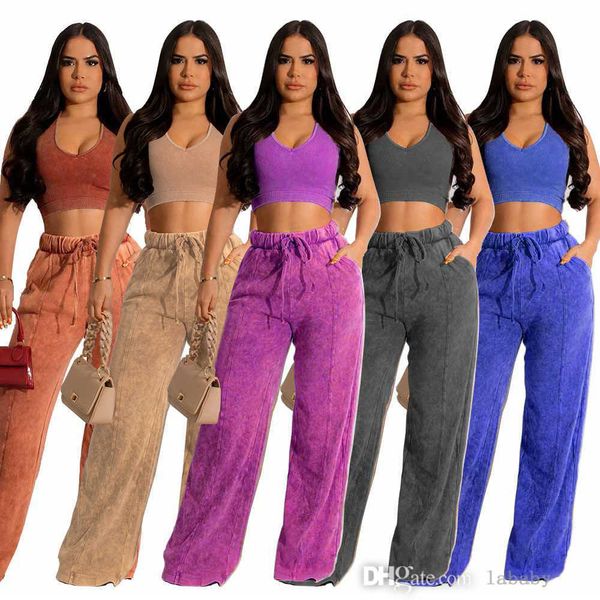 

womens tracksuit fashion two piece pants set solid color sleeveless vest elastic waist wide leg trouser casual suit sweatsuit, White