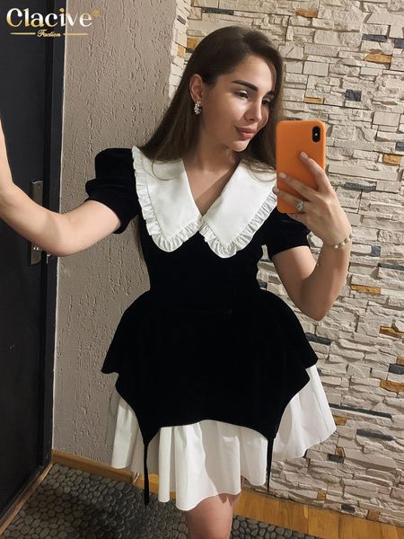 

casual dresses clacive fashion black patchwork womens dresses elegant doll collar short sleeve mini dress lady casual office female dress 23, Black;gray