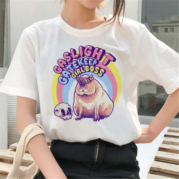

women's t-shirt cloocl funny capybara tshirt fashion animals stickers printed tshirt summer short sleeve tees streetwear women s7xl j2, White