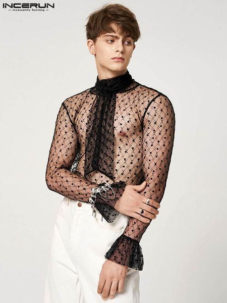 

men's t-shirts incerun men t shirt lace mesh transparent streetwear tie turtleneck long sleeve camisetas fitness fsshion tee men 23050, White;black