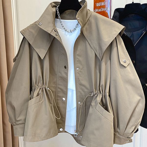 

women's jackets spring autumn oversized casual waterproof khaki windbreaker women with long sleeve hood drawstring zipper cargo jacket, Black;brown