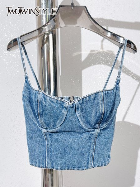 

camisoles tanks twotwinstyle denim minimalist tank for women square collar sleeveless casual summer vest female fashion style clothing 2305, Black;white