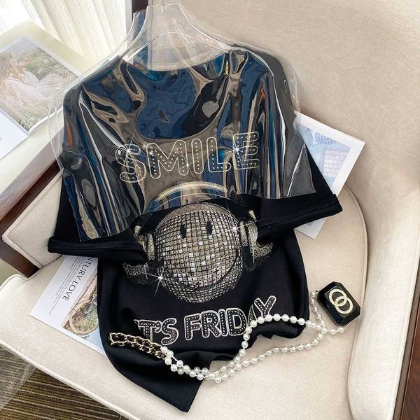 

women's t-shirt summer cotton t shirt women korean fashion sequin smile print luxury designer loose short sleeve oversized women cloth, White