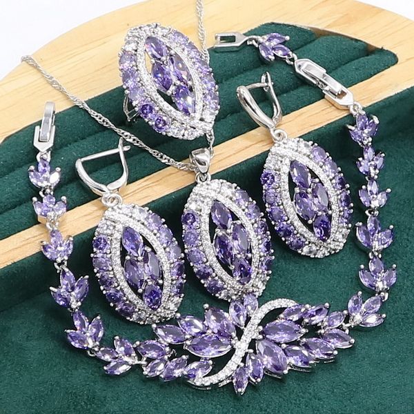 

wedding jewelry sets luxurious purple amethyst 925 sterling silver jewelry set for women bracelet earrings necklace pendant ring birthday gi, Slivery;golden