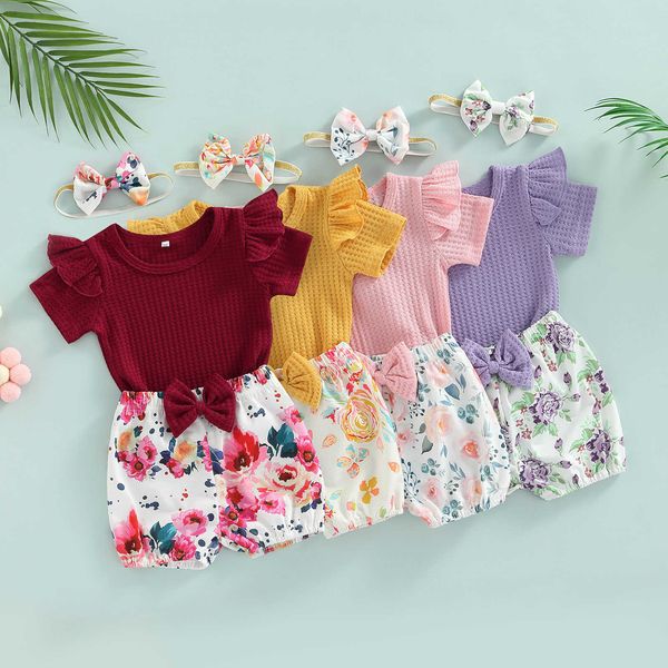 

clothing sets focusnorm 0-3y summer cute baby girls summer 3pcs clothes sets solid color short sleeve t-shirt + floral lantern shorts headba, White