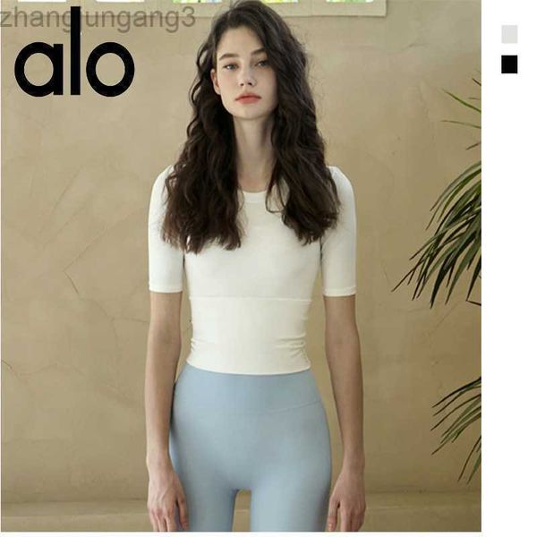 

desginer alo yoga t shirt 2023 spring/summer suit short sleeve tight fit sports fitness suit round fit t-shirt women's daily top, White