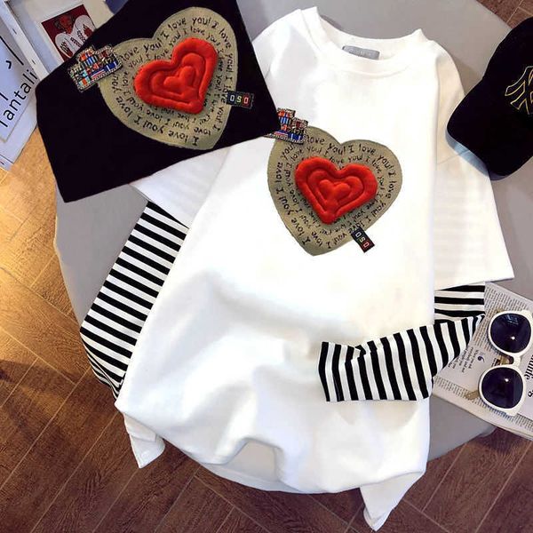 

women's t-shirt tshirts for women korean fashion summer 2022 loose print fake 2 pieces long sleeves oversized designer clothes women lu, White