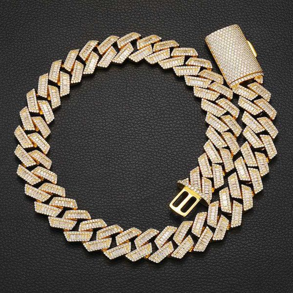 

new arrival luxury hip hop jewelry 20mm gold plated brass baguette aaaaa cz diamond iced out cuban link chain necklace, Silver