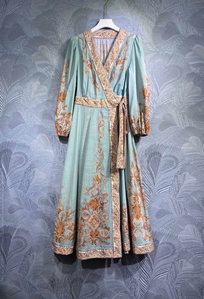 

lantern sleeves dress v-neck elegant waist shrinking print long dress, Black;gray