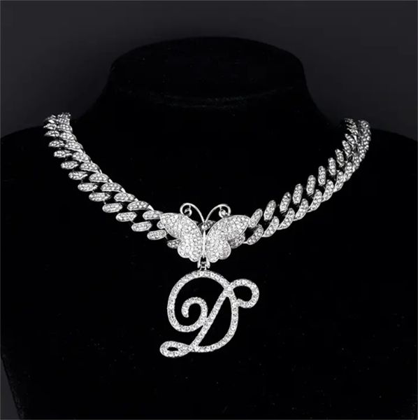 

hip hop white letter initial cuban butterfly layered necklace, Silver