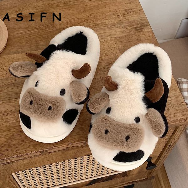 

slippers asifn cute cow slippers women girls cushion slides kawaii fluffy winter warm slipper flax cartoon milk cow house funny shoes 230505, Black