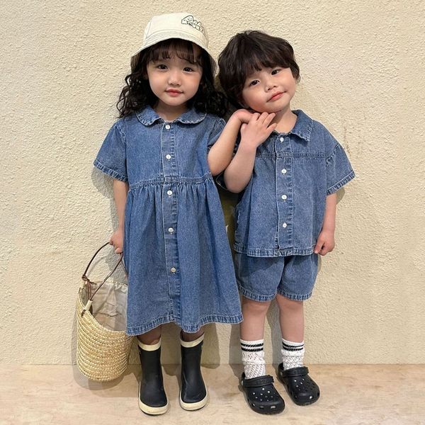 

clothing sets summer denim suit lapel t-shirt simple shorts jeans girl dress sisters dress children's casual dress 230505, White