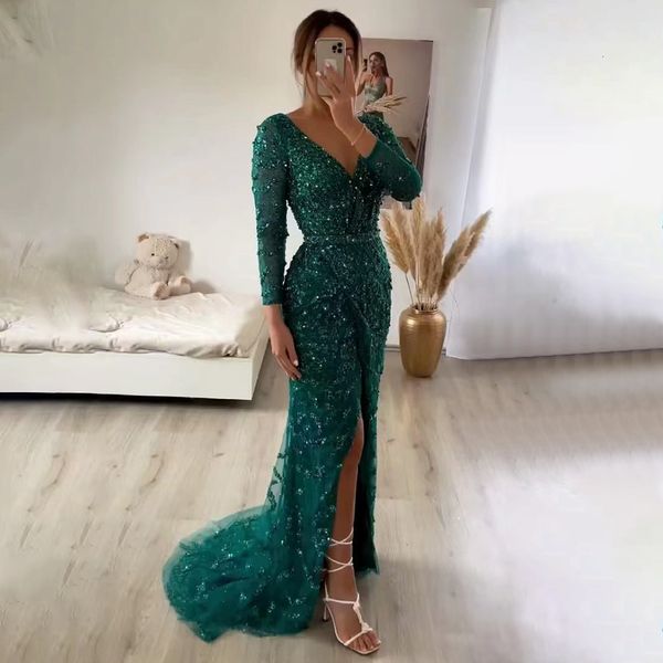 

party dresses serene hill green mermaid elegant vneck pearls long sleeves evening luxury beaded 2023 for women wedding la70499 230505, White;black