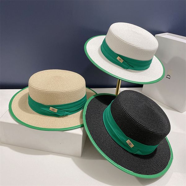 

wide brim hats bucket green straw hat green leather binding flat womens summer beach vacation sun 230504, Blue;gray
