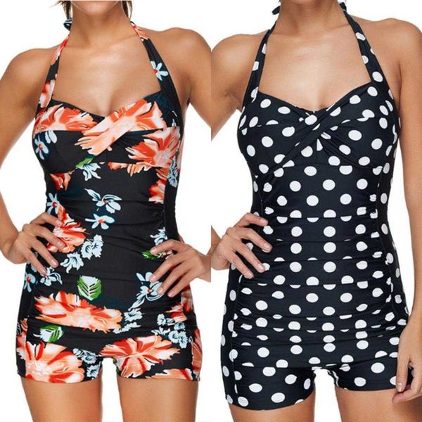 

one piece printed swimsuit halter drawstring backless direct supply, White;black