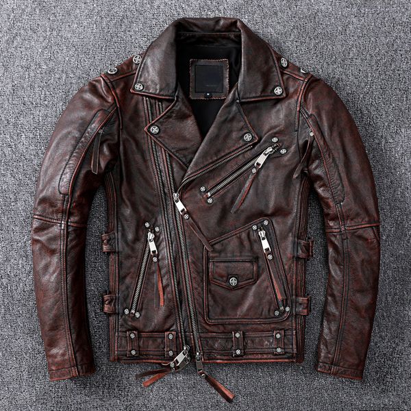 

men's leather faux vintage brown motorcycle jacket men natural genuine cowhide jackets autumn slim fit biker's oblique zipper coat, Black