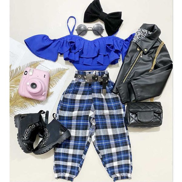 

clothing sets focusnorm 2pcs fashion kids girls 1-6y clothes sets off shoulder ruffles fly sleeve solid t shirts+plaid print hight waist pan, White