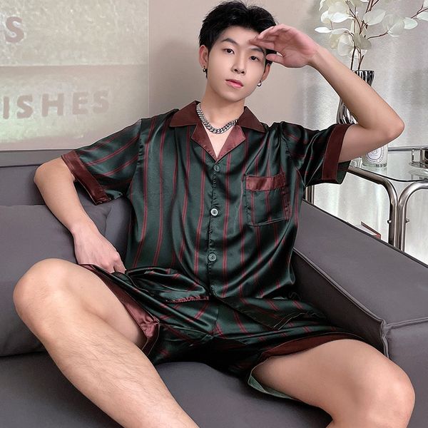 

men's sleepwear new men's pajama sets new soft summer men sleepwear set short sleeve rayon pijamas for men elastic waist pant leis, Black;brown