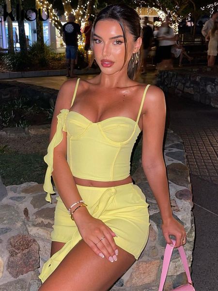 

two piece dress kliou ribbons with flower pin set women solid cleavage spaghetti strap +matching skirts female street suits 230504, White