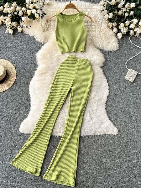 

womens two piece pants singreiny women casual set fashion bodycon slim short tank striped wide legs long solid summer suit 230505, White