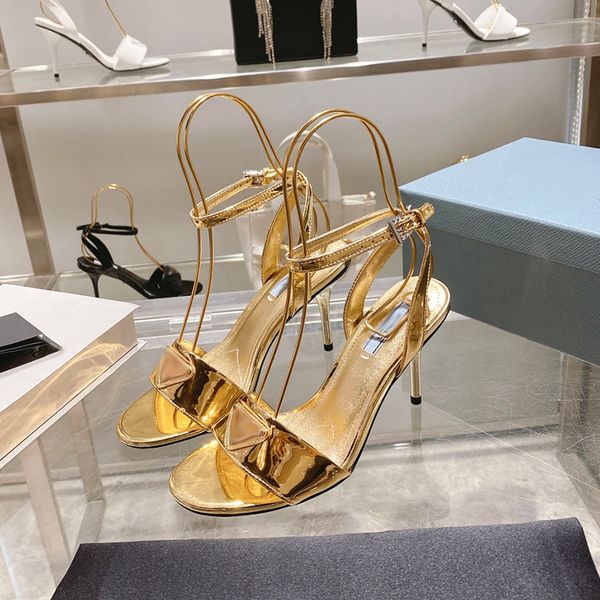 

designer womens sandals high heels 9cm shoes leather enamel triangle hardware logo brand shoes adjustable ankle buckle dress shoes party sho, Black