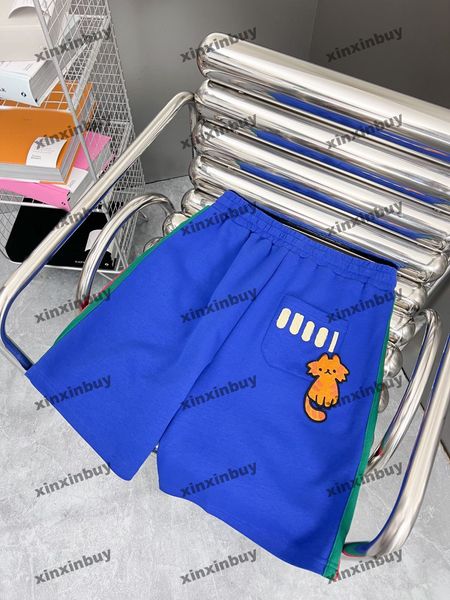 

xinxinbuy men women designer shorts pant cat patch letter jacquard fabric cotton spring summer khaki green blue s-xl