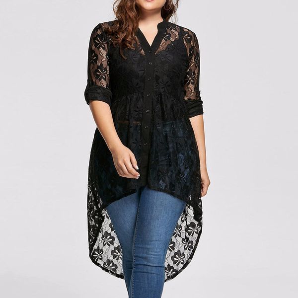 

women's plus size tshirt elegant lace ladies blouse long sleeve shirt perspective button up female large clothing 230504, Black
