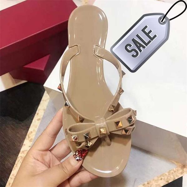 

fashion women's flip flops summer shoes cool beach rivet big bow flat sandals jelly shoes sandals girls size 36-42 220624, Black
