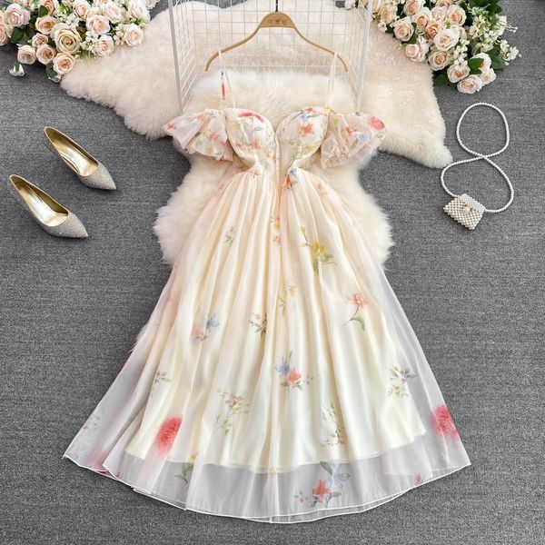 

casual dresses elegant floral off the shoulder suspender dress women puff sleeves backless beach long dress summer robe holiday ladies vesti, Black;gray