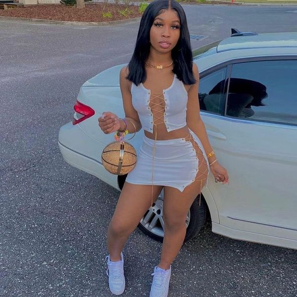 

two piece dress hirigin chain bandage set summer clothes crop mini skirt suit club outfits vacation matching sets for women 230504, White