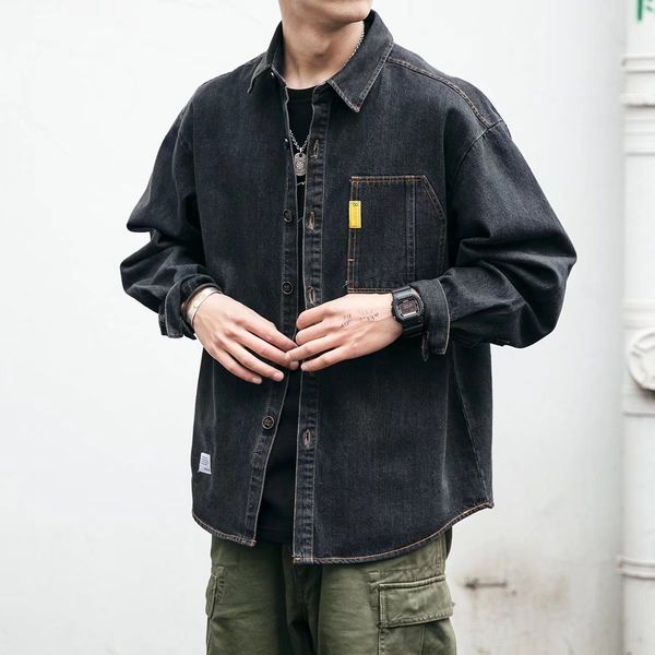 

men's casual shirts japanese streetwear denim shirt korean workwear coats men clothing couple long sleeve harajuku clothes 230505, White;black