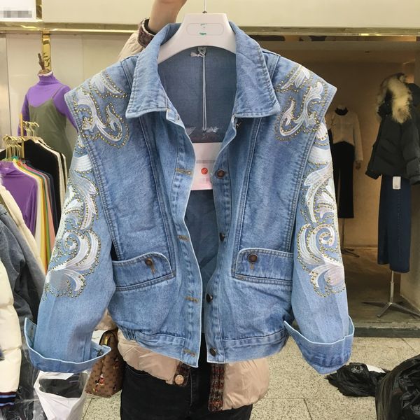 

women's jackets spring autumn woman denim coat beading embroidered jacket streetwear oversized jeans coat 230505, Black;brown