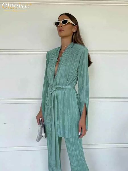 

women's tracksuits clacive autumn green pleated pants set bodycon slit trosuer suits fashion lace-up long sleeve blazer 2 piece sets wo, Gray