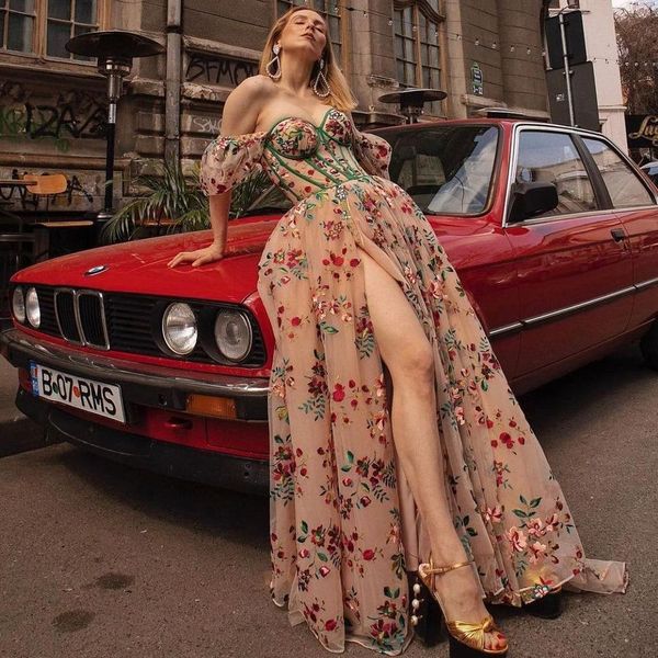 

party dresses princess flower prom fluffy tulle floral with train high slit elegant women evening long ever pretty 230505, White;black