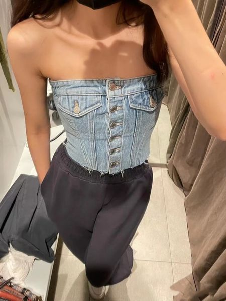 

camisoles tanks blue backless denim corset crop women off shoulder sleeveless bustier summer lady elegant street wear tank 230505, Black;white