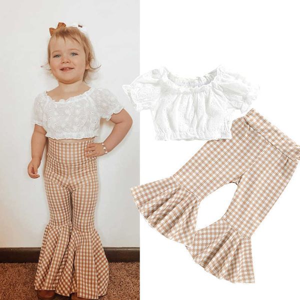 

clothing sets focusnorm 1-6y lovely kids girls summer clothes sets short sleeve lace flowers t-shirt plaid print flare pants set aa230504, White