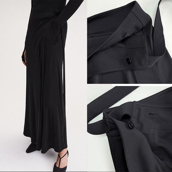 

skirts 2023 women's high waist lace-up wrapped midi skirt spring and summer ladies solid color pendant long jupe, Black