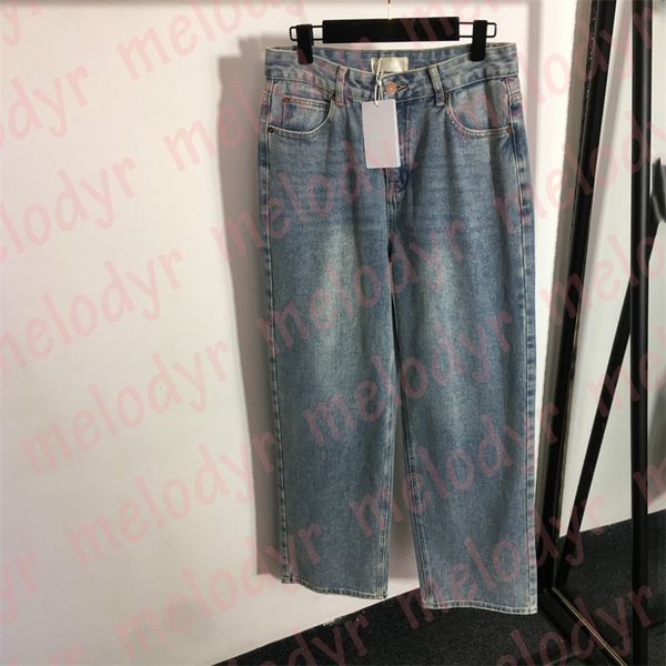 

high waist straight pants women wide leg jeans street designer letter denim trousers, Blue