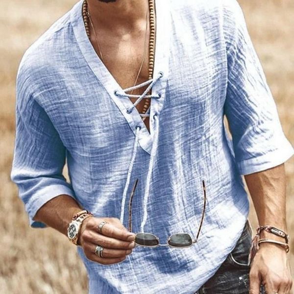 

men's t-shirts plus size men's tee shirt solid pullover v neck lace-up loose summer holiday beach casual half sleeve linen 23050, White;black