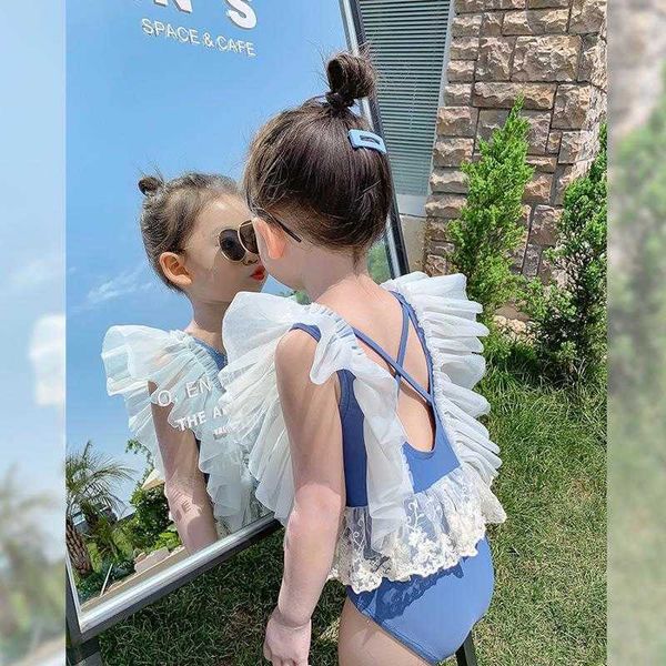 

girls summer one pieces childrens one piece swimsuit backless lace princess lotus leaf fashion baby western style, Black