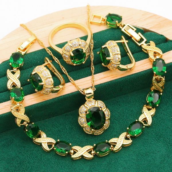 

wedding jewelry sets arrivals gold color jewelry sets for women wedding green zircon bracelet ear clip earrings necklace pendant ring gift 4, Slivery;golden