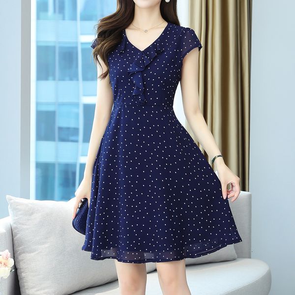 

casual dresses polka dot printed chiffon summer dress women new short sleeve floral elegant red black midi dresses ladies vestidos robe 2305, Black;gray